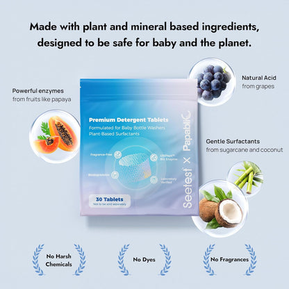 Papablic Upgraded 120Pcs Baby Bottle Washer Tablets, Plant-Based UltiPept Enzyme Formula, Deep Cleaning for Milk Residue & Odor, Gentle on Bottles & Pump Parts, Compatible with All Bottle Washers