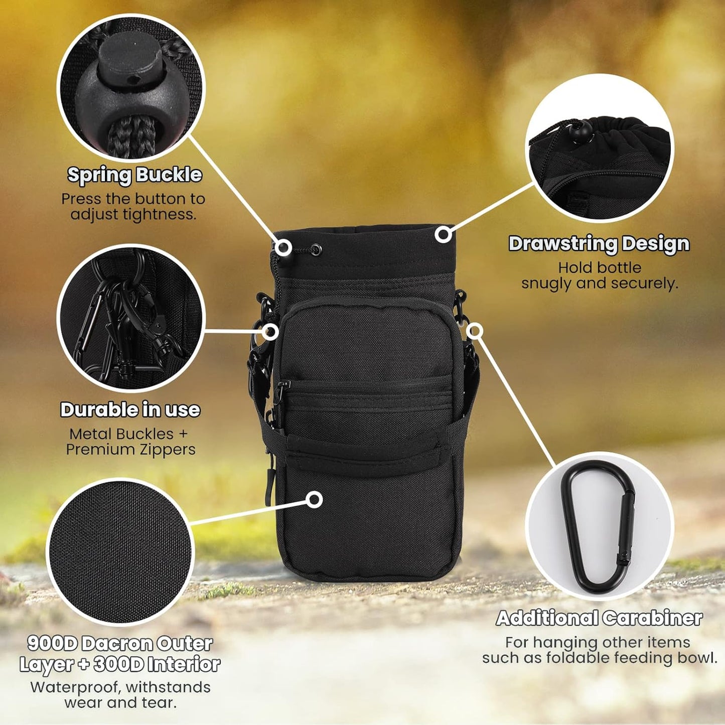 Nuovoware Water Bottle Carrier, 40oz Bottle Carrier Sports Insulated Water Bottle Holder with Adjustable Shoulder Strap, 2 Pockets Flask Sling Bag Drawstring Pouch for Climbing Hiking Walking