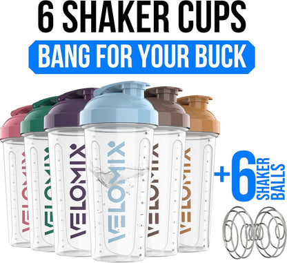 VELOMIX -6 PACK- 28 oz Protein Shaker Bottle for Protein Mixes - 6x Wire Whisk | Leak Proof Shaker Cups for Protein Shakes | Protein Shaker Bottle Pack | Protein Shake Cup (Earth Tones Collection)