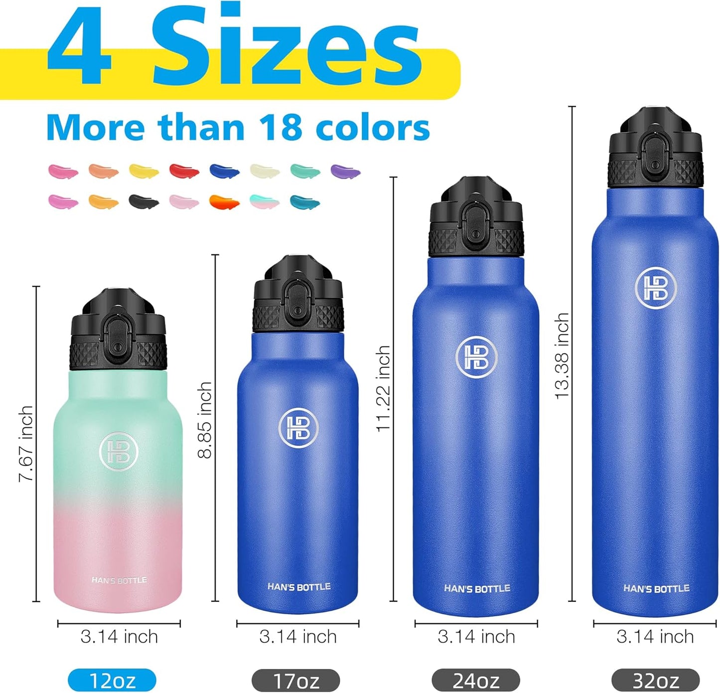 Han's Bottle Sports Water Bottle - 24 Oz, Straw Lid, Leak Proof, Vacuum Insulated Stainless Steel, Double Walled, Thermo Mug,Black