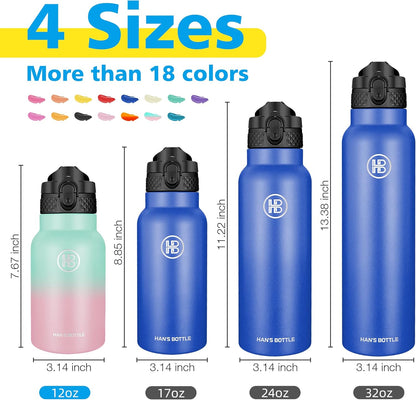 Han's Bottle Sports Water Bottle - 24 Oz, Straw Lid, Leak Proof, Vacuum Insulated Stainless Steel, Double Walled, Thermo Mug,Black