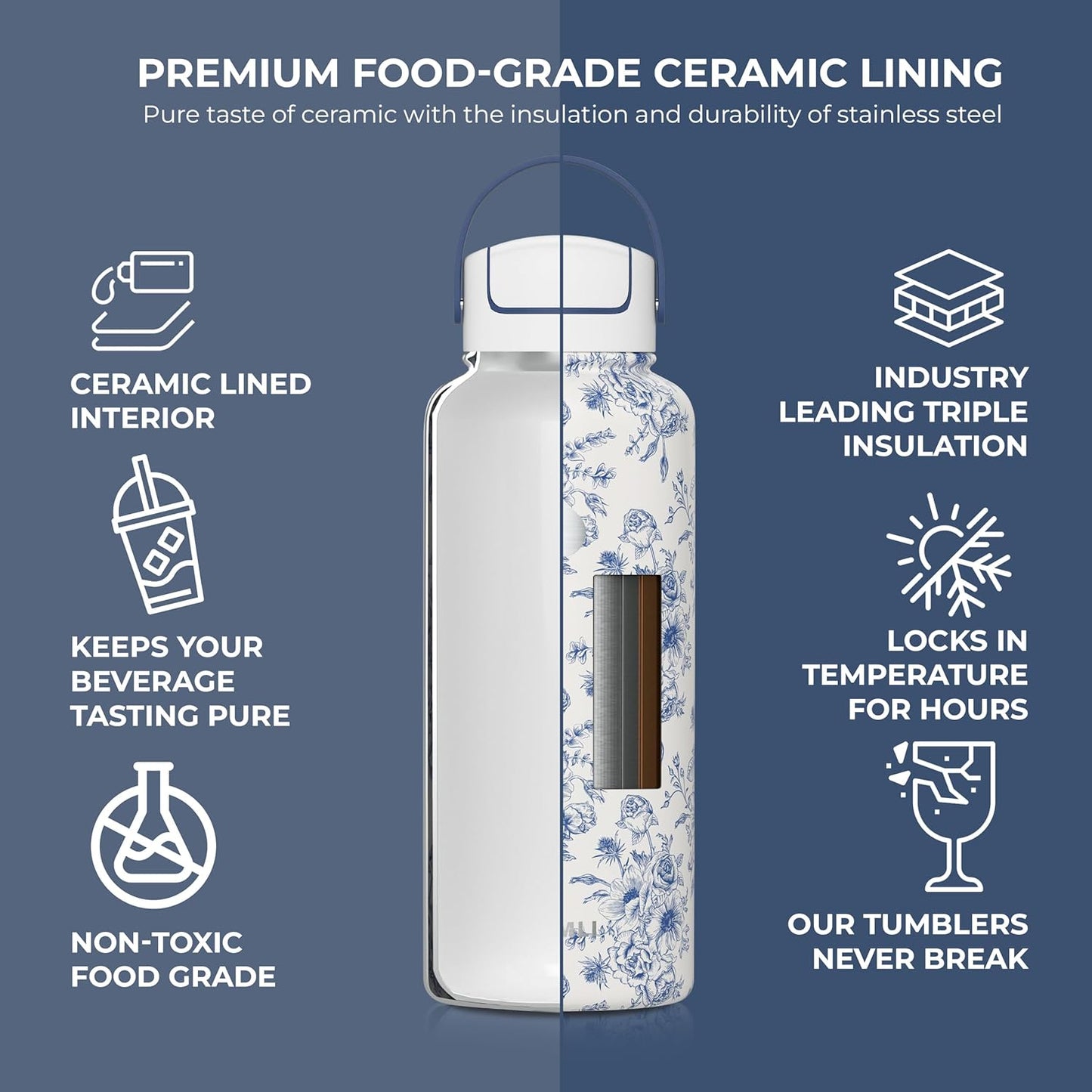 22 oz Ceramic Lined Tea Infuser Travel Tumbler, Micro-Mesh Stainless Steel Infuser, Pure Taste Ceramic Interior, Triple Insulated 12hr Hot Cold, Dual Sip & Straw Lid, Scratch-Resistant
