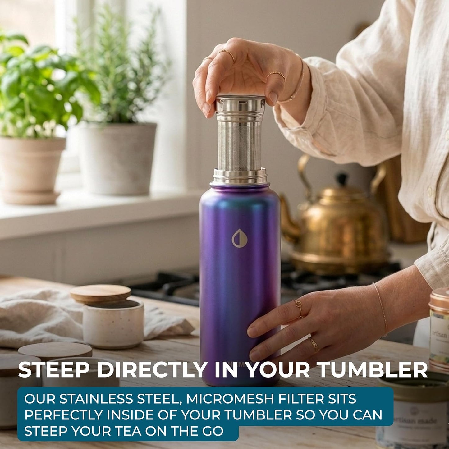 22 oz Ceramic Lined Tea Infuser Travel Tumbler, Micro-Mesh Stainless Steel Infuser, Pure Taste Ceramic Interior, Triple Insulated 12hr Hot Cold, Dual Sip & Straw Lid, Scratch-Resistant