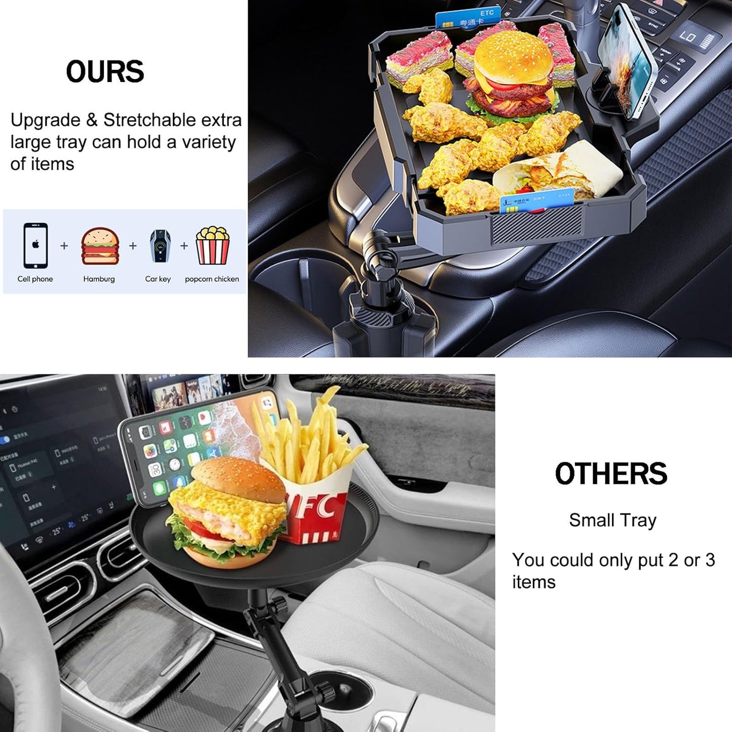 Car Cup Holder Tray, 5 in 1 Adjustable Car Cup Holder Expander Detachable Car Food Tray & Organizer – Automotive Cup Tray Table 9.8”with 360° Rotation with Phone Mount, Fit in 2.6"-3.9" Car Holder
