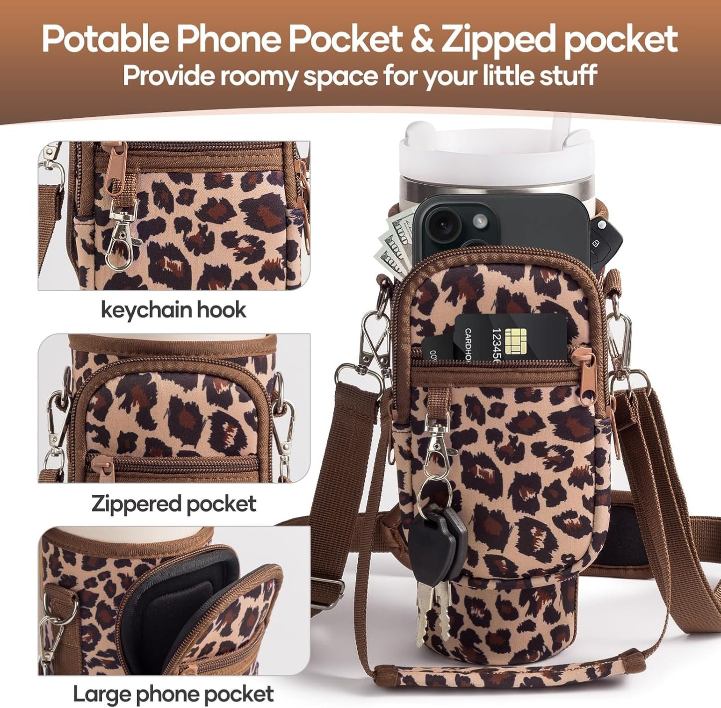 linmaya Water Bottle Carrier Bag for Stanley Cup 40/30oz with Phone Holder Pockets,Neoprene Water Bottle Cross-body Bag with Adjustable Shoulder & Hand Strap Stanley Cup Accessories