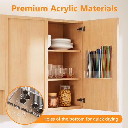 Acrylic Straw Holder for Cabinet Door, Reusable Tumbler Straw Organizer Storage inside Cabinet, Kitchen Accessories for Utensil, Ultra Sticky Adhesive Mounted, Black