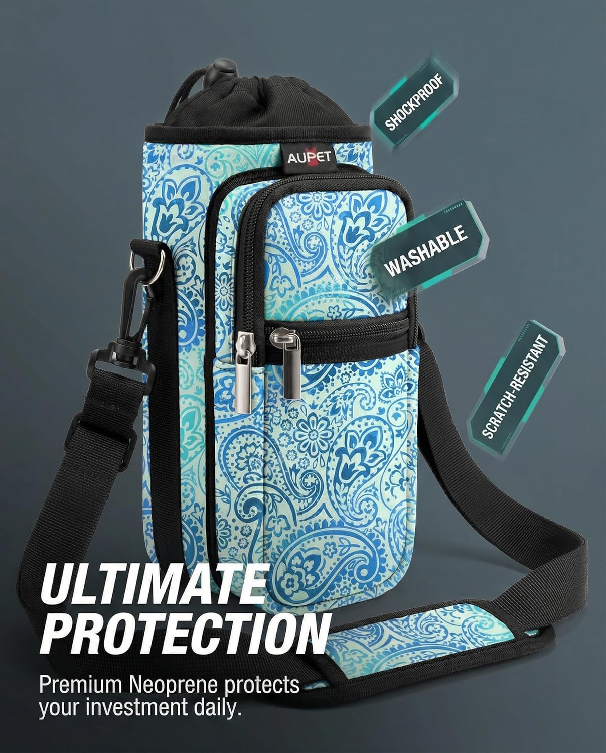 AUPET Water Bottle Sling Bag Sleeve Holder Carrier 25/32/40/64 oz,Insulated Crossbody Water Bottle Case Cover with Strap and Pockets for Men/Women Walking Hiking