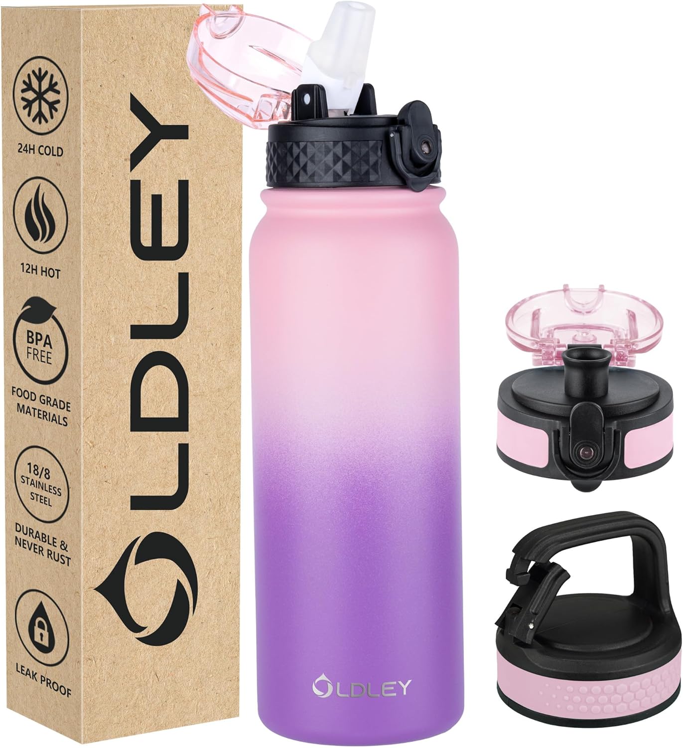 Oldley Insulated Water Bottle 20oz for Adults Kids Stainless Steel Water Bottles with Straw/Chug/Carabiner 3 Lids Fruit Strainer Double Wall Vacuum Wide Mouth BPA Free Leak-Proof for School Travel