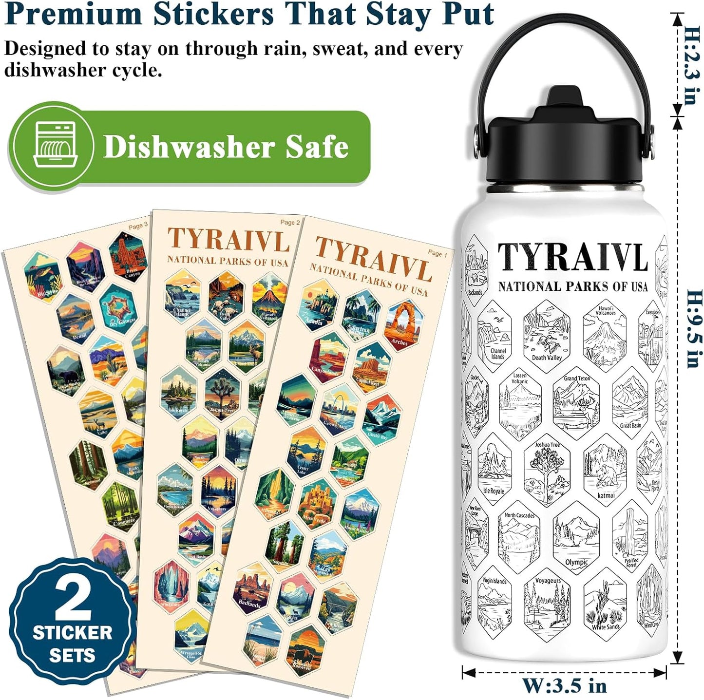 National Parks Water Bottle with Stickers, Birthday Gifts for Men and Women, 32oz Wide Mouth Leakproof Stainless Steel Bucket List Insulated Bottle for Camping & Hiking