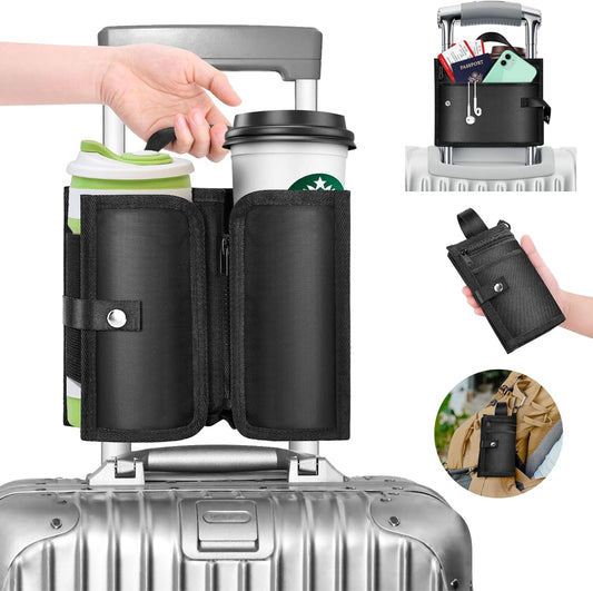 Yotako Suitcase Cup Holder, Portable Luggage Cup Holder for Suitcases, Foldable Travel Cup Holder with Handle and Hold Two Coffee Mugs&3 Zippered Pockets for Beverages Airport Travel Accessories