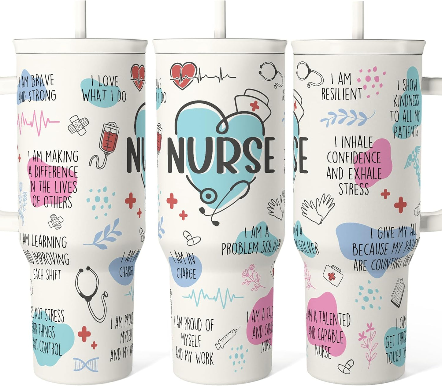 Floral Tumbler with Handle 40oz, Stainless Steel Insulated Tumblers Coffee Travel Mug Cup with Straw, Flower Coffee Cup Gifts for Women Girls, Gift for Her on Christmas Birthday Mothers Day