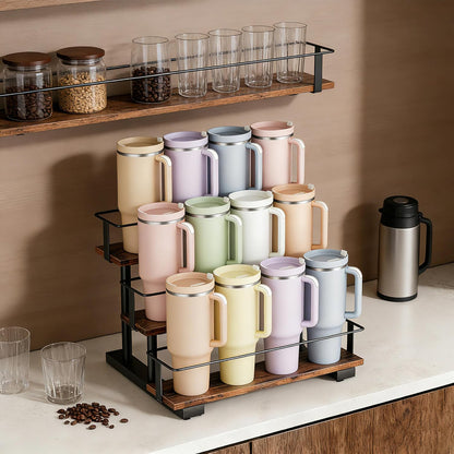 Stanley 40 oz Tumbler Compatible Organizer, 3-Tier Water Bottle Organizer with Wooden Shelves, Carbon Steel Rack Holds 12 Bottles, Kitchen & Bar Storage
