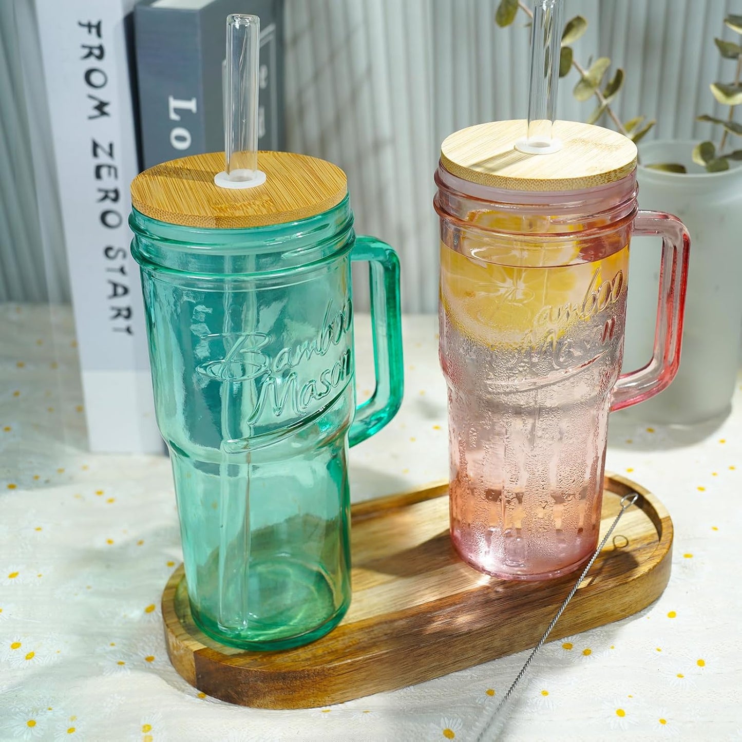 ANOTION Bamboo Mason Leakproof Mason Jar Cups with Lids and Straws, Cap Cup 24oz Glass Tumbler with Handle, Rotating Lid Silicone Straw, Reusable Iced Coffee Matcha Cup Coffee Gifts for Women 2pc