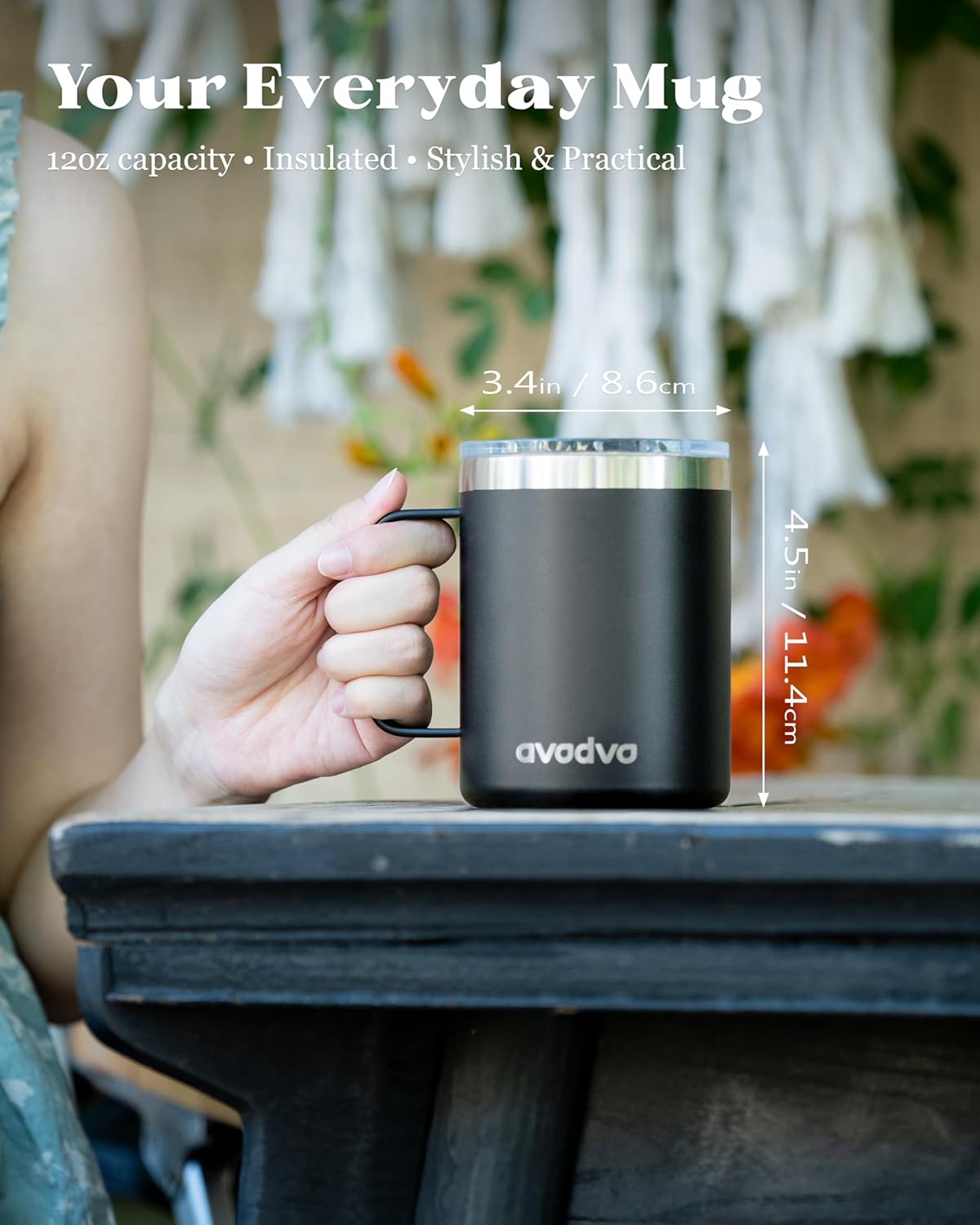 12oz Insulated Coffee Mug with Lid – Includes Two Lids, Stainless Steel Coffee Travel Mug with Handle, Double Wall Vacuum Insulated Camping Mug for Home, Office & Outdoor, Navy Blue