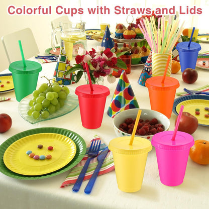 Sieral 30 Pack Cups with Lids and Straws Kids Tumbler with Straw Reusable Water Bottle Iced Coffee Travel Mug Adults Plastic Cups for Parties 16 oz (Candy Colors)