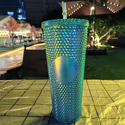 Studded Tumbler With Straw Tumblers With Lids And Straws Iridescent Blue Cups Water Cup With Straw And Lid BPA-Free Double-Wall Plastic for Iced Coffee Cups or Water 24 Oz
