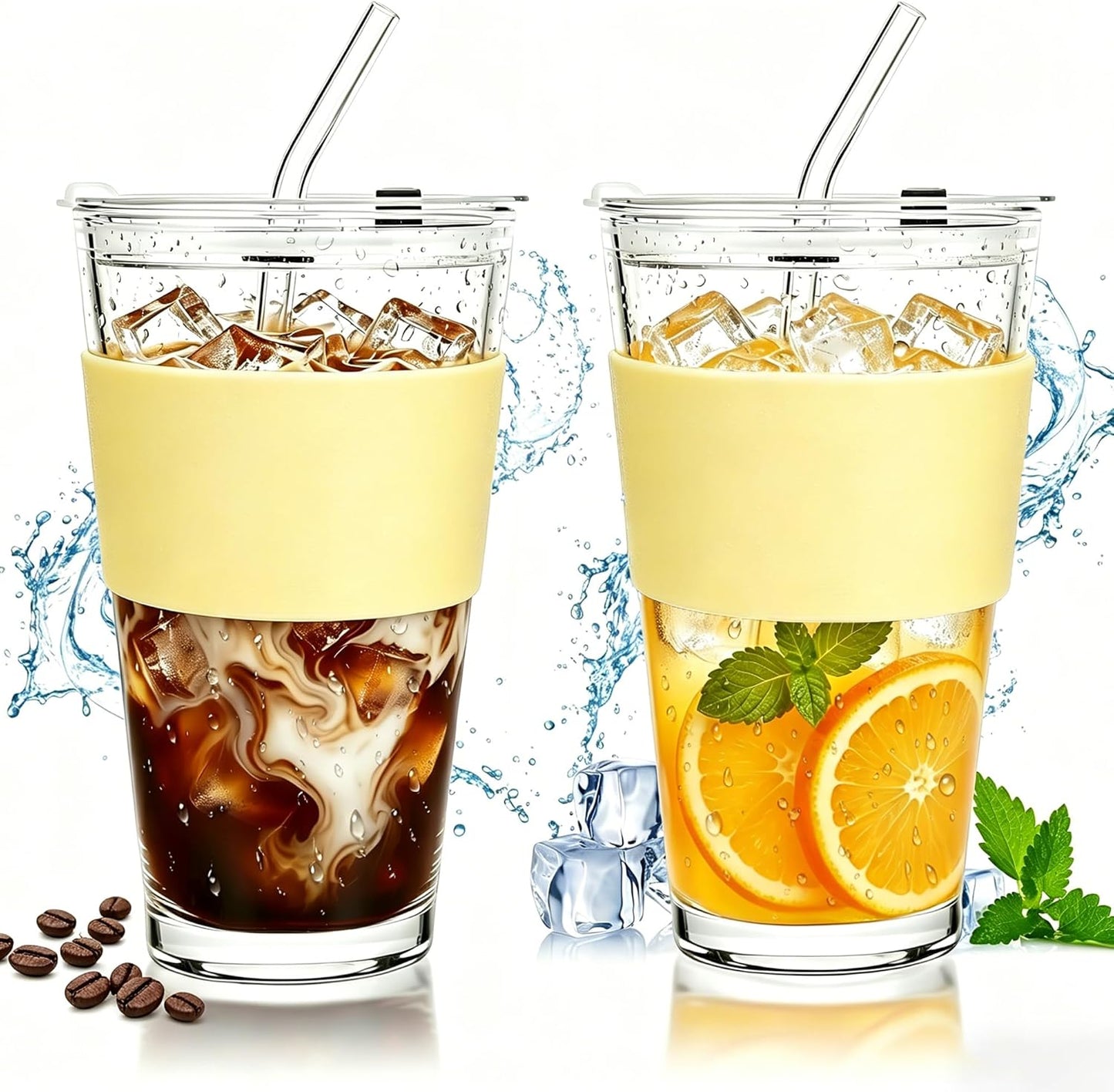 2Pack 40OZ Glass Tumbler with Handle,Glass Cup with Lid and Straw,Reusable Glass Iced Coffee Cup for Beer, Smoothies, Juice,Hot/Cold Drinks-Suitable for Birthday,Wedding