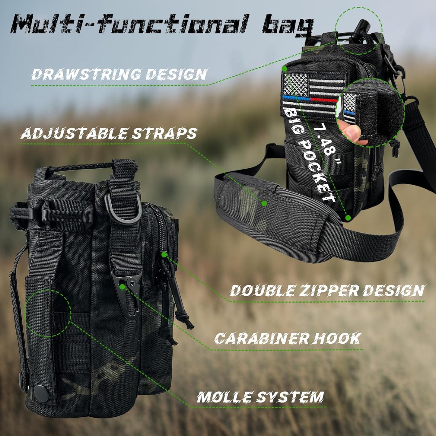 32 oz Insulated Water Bottle with Sleeve - Tactical Stainless Steel Gym Water Bottles for Men, Sports Water Bottle for Hiking Camping Outdoor with Camo Pouch