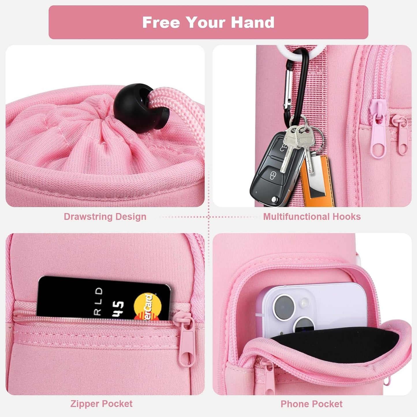 Water Bottle Holder with Strap, Water Bottle Carrier Bag with Phone Pocket, Shoulder Hand Strap Insulated Neoprene 32/40 oz Water Bottle Sleeve for Walking Hiking Camping Gym
