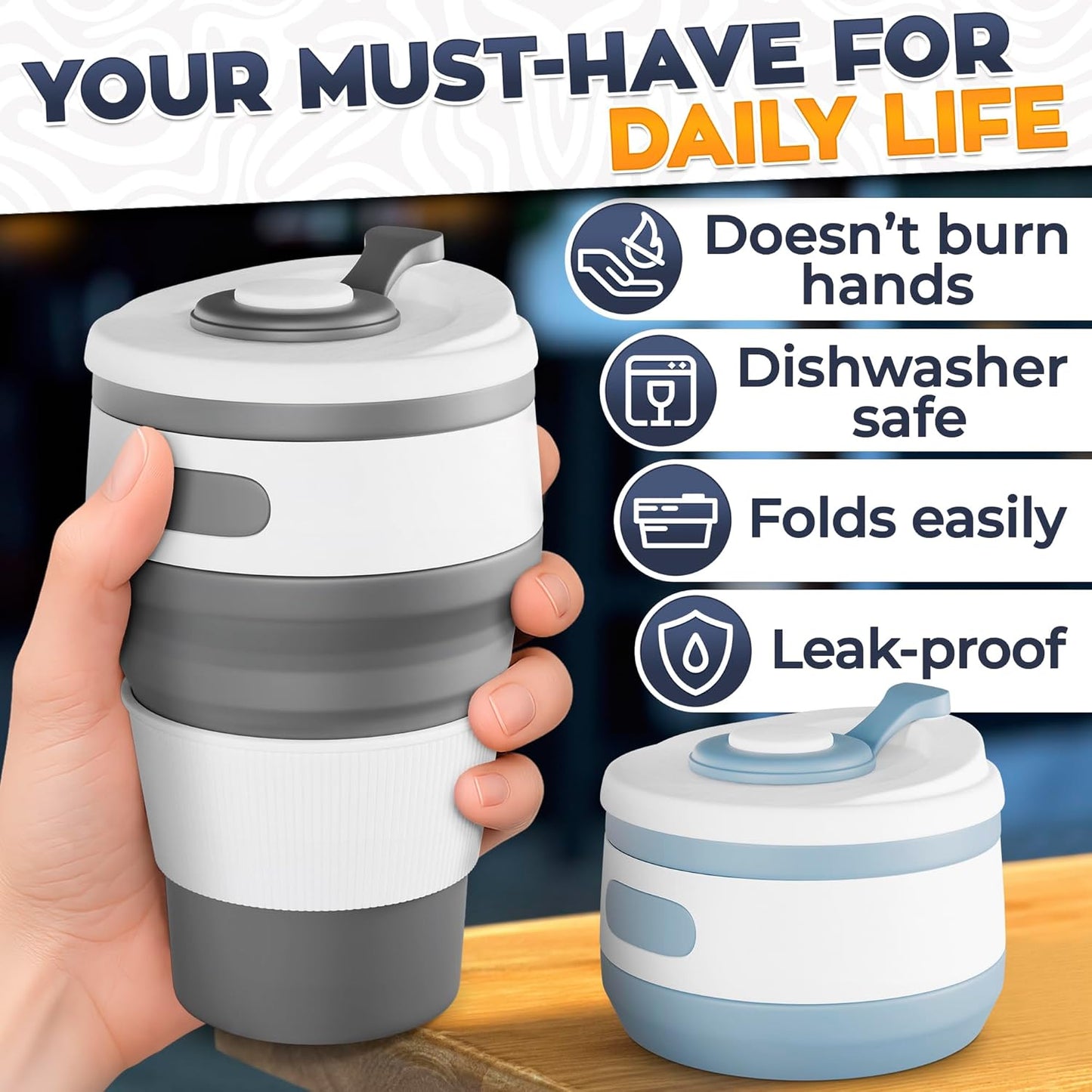 2-Pack Collapsible Cups for Traveling Reusable – 11oz Leakproof Coffee Travel Mug, Silicone, Foldable and Portable for Hiking, Camping, Office | Lightweight and Collapsible Coffee Cups for Outdoor Use