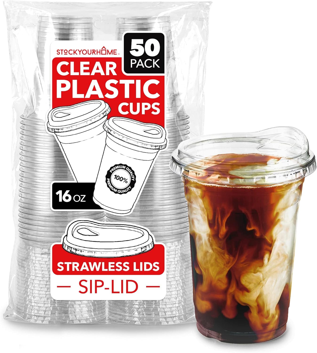 16 oz Clear Plastic Cups with Lids Disposable, Togo Drinking Cup with Strawless Sip Lid for Smoothie, Cold Brew Iced Coffee, Lemonade, Ice Latte, Boba, Party Drinks, Bulk, 16 Ounce (Set of 50)