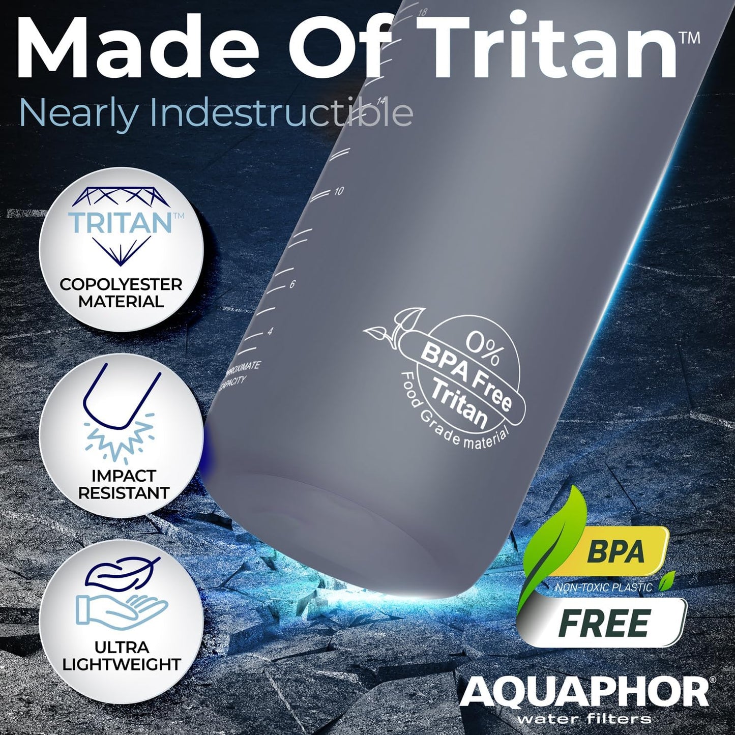 Nakii Filtered Water Bottle, Leakproof, BPA-Free, Motivational Markings, Travel, Everyday Use. 40-Gallon Filter, Replaces 300 Plastic Water Bottles. Includes 1 Filter, 22 FL Oz, Grey by Aquaphor