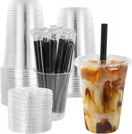 lucdnc 16oz Disposable Clear Plastic Cups with Lids and Smoothies Straws Party Drinking Cups for Milkshakes,Cold Coffee-25 Sets