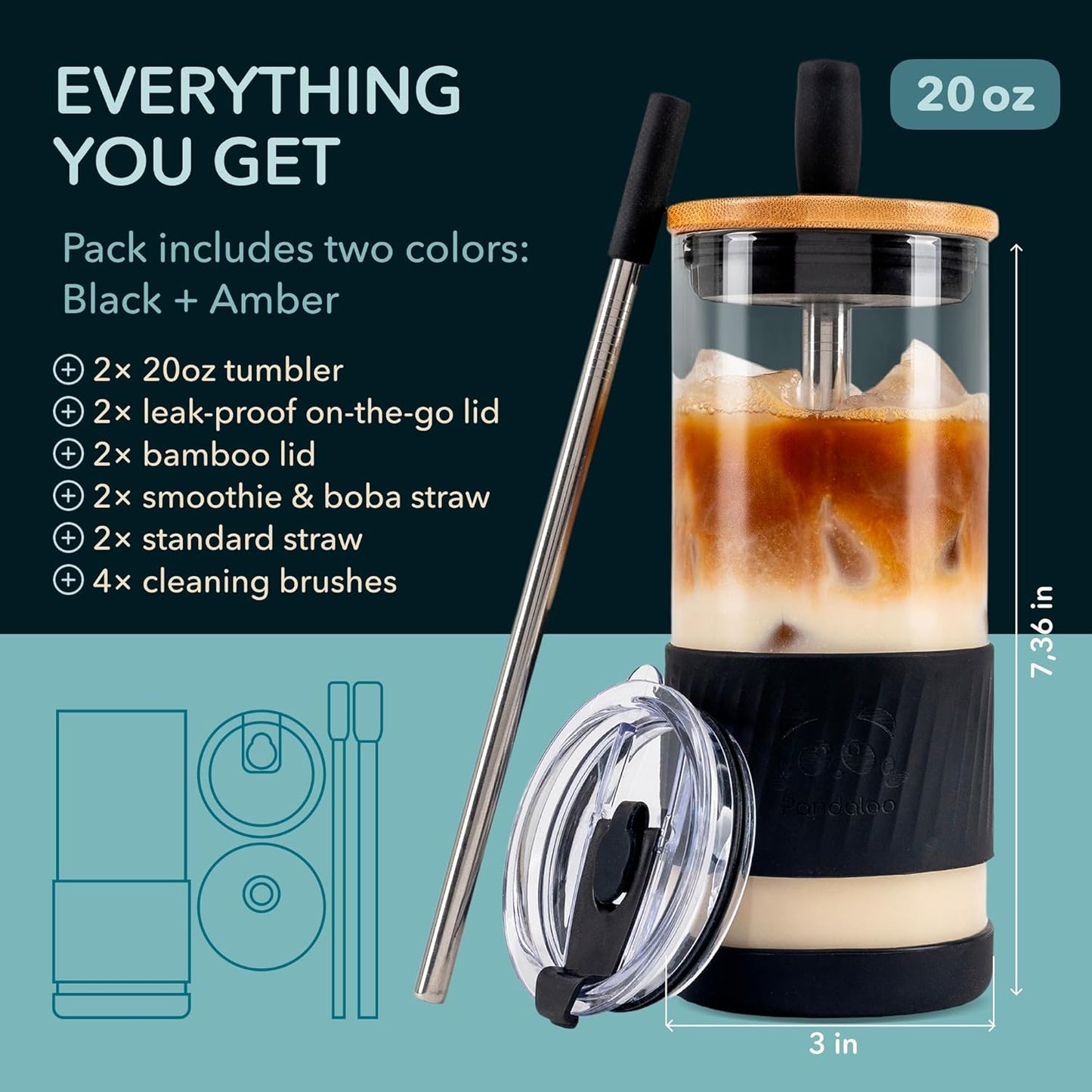 Pandaloo® Glass Cups With Lids and Straws -20 Fl Oz- Perfect Size Iced Coffee Cup - Smoothie Cup With Bamboo Lid and On the go Lid - Glass Tumbler With Straw (1 Count (Pack of 1), Lilac Rhapsody)