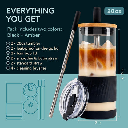 Pandaloo® Glass Cups With Lids and Straws -20 Fl Oz- Perfect Size Iced Coffee Cup - Smoothie Cup With Bamboo Lid and On the go Lid - Glass Tumbler With Straw (1 Count (Pack of 1), Lilac Rhapsody)