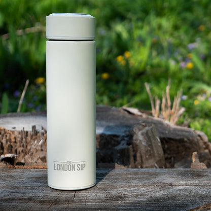 The London Sip Multi-Purpose Travel Mug and Tumbler Fruit Infused Flask Hot and Cold Double Wall Stainless Steel Thermos with Extra-Long Infuser, Purple