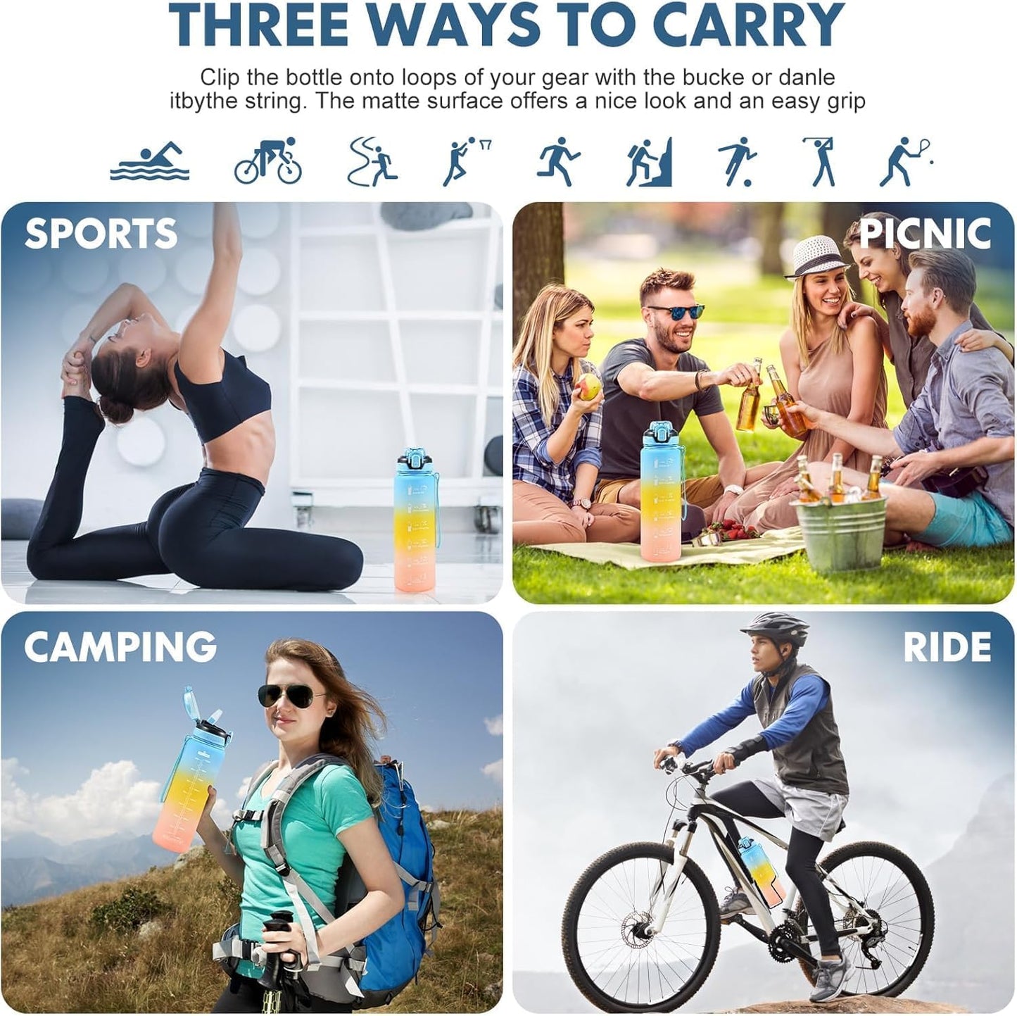 Water Bottle with Straw 1L,Boys Water Bottles with Straw 1 Litre,Waterbottle Leak-Proof Sports Water Bottle,Plastic Drinks Bottles Toxin Free，Bpa-Free (Cyan Black)