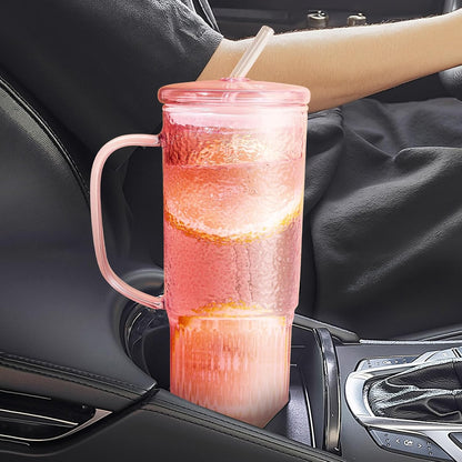 JunVpic Glass Cups with Lids and Straws,24oz Glass Tumbler with Handle Iced Coffee Cup for Coffee,Juice,Tea,Milk,Smoothie,Hot & Cold Drinks (Pink)