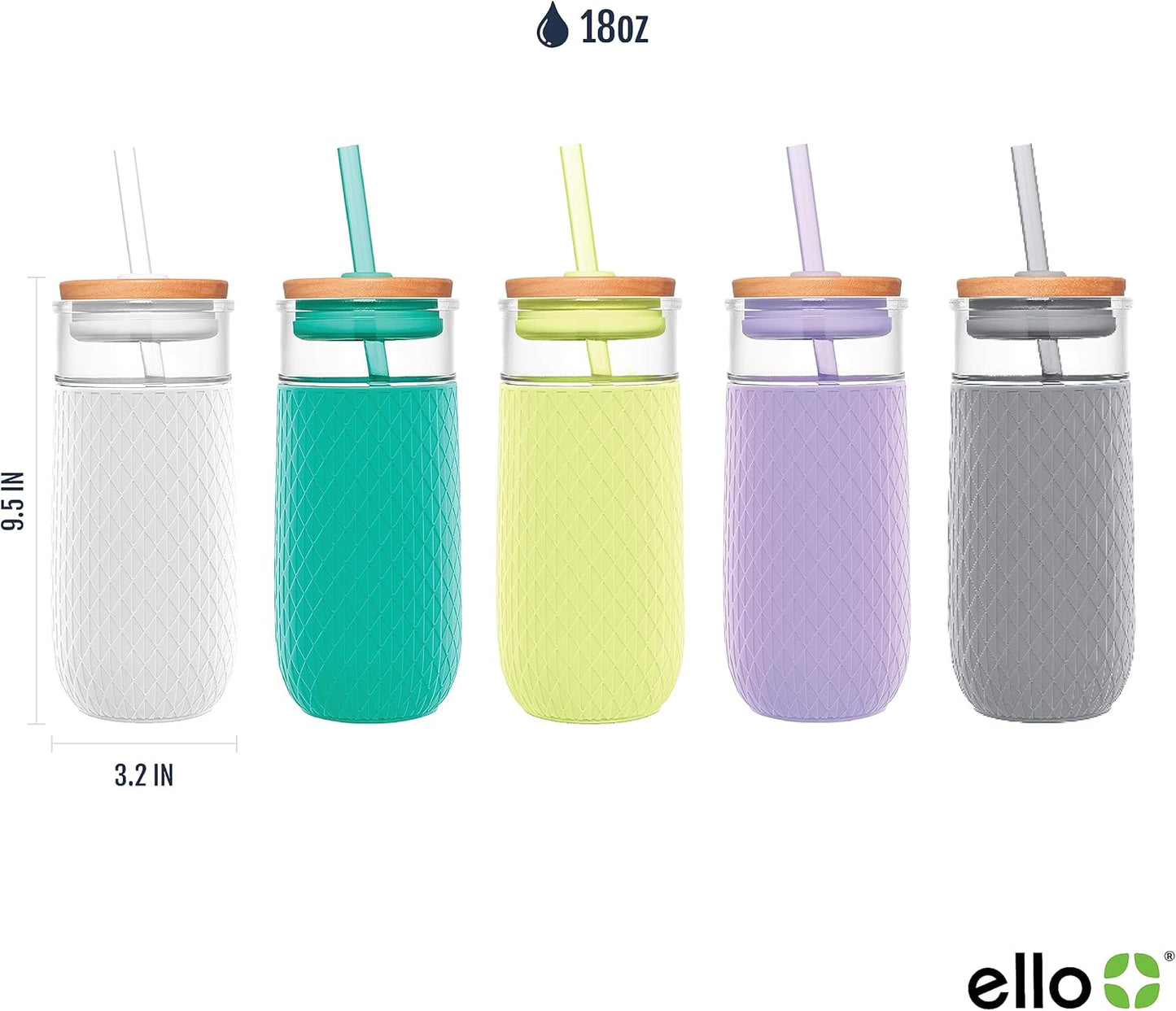 Ello Devon Glass Tumbler , Protective No Sweat Silicone Sleeve and Splash Proof Wooden Detail Lid with Straw, 18 oz