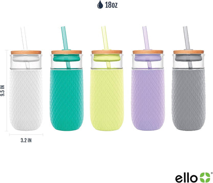 Ello Devon Glass Tumbler , Protective No Sweat Silicone Sleeve and Splash Proof Wooden Detail Lid with Straw, 18 oz