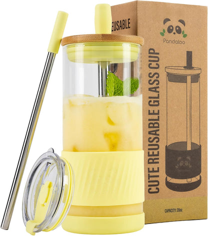 Pandaloo® Glass Cups With Lids and Straws -20 Fl Oz- Perfect Size Iced Coffee Cup - Smoothie Cup With Bamboo Lid and On the go Lid - Glass Tumbler With Straw (1 Count (Pack of 1), Lilac Rhapsody)