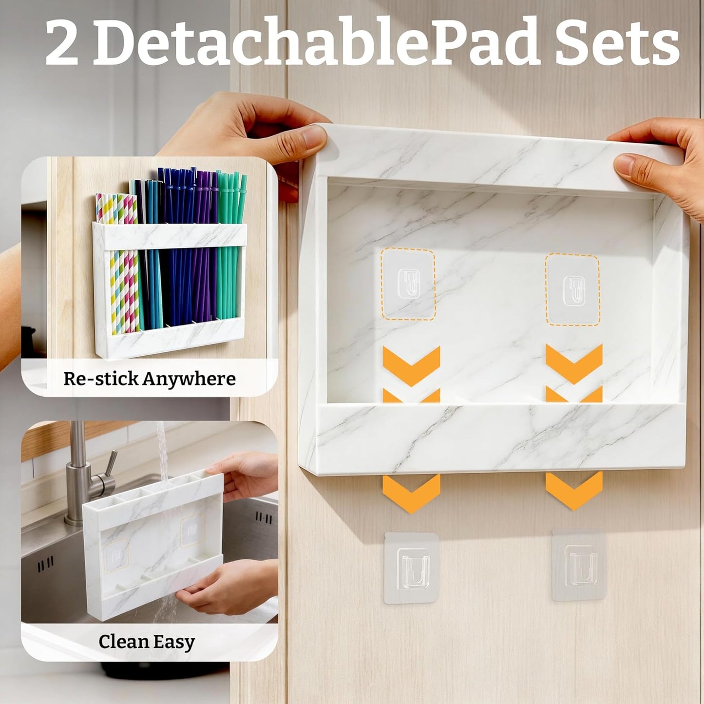 9.5” Large Acrylic Straw Holder for Cabinet Door with Detachable Ultra Sticky Adhesive Squares and Stickers, 2026 Reusable Straws Organizer Storage Dispenser for Kitchen Counter Cupboard