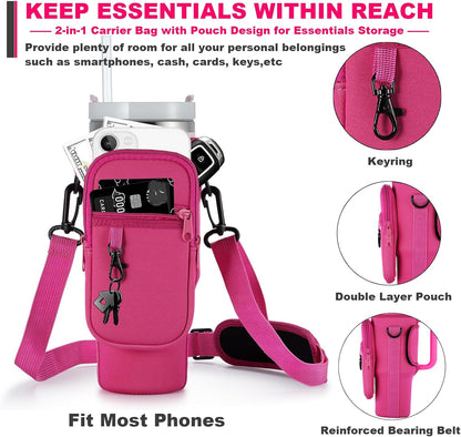 BULKITEM Water Bottle Carrier Bag with Phone Pocket for Stanley 40 & 30 oz Tumbler with Handle,Pink Insulated Neoprene Cup Holder Pouch w/Adjustable Strap for Quencher H2.0 Stanley Cup Accessories