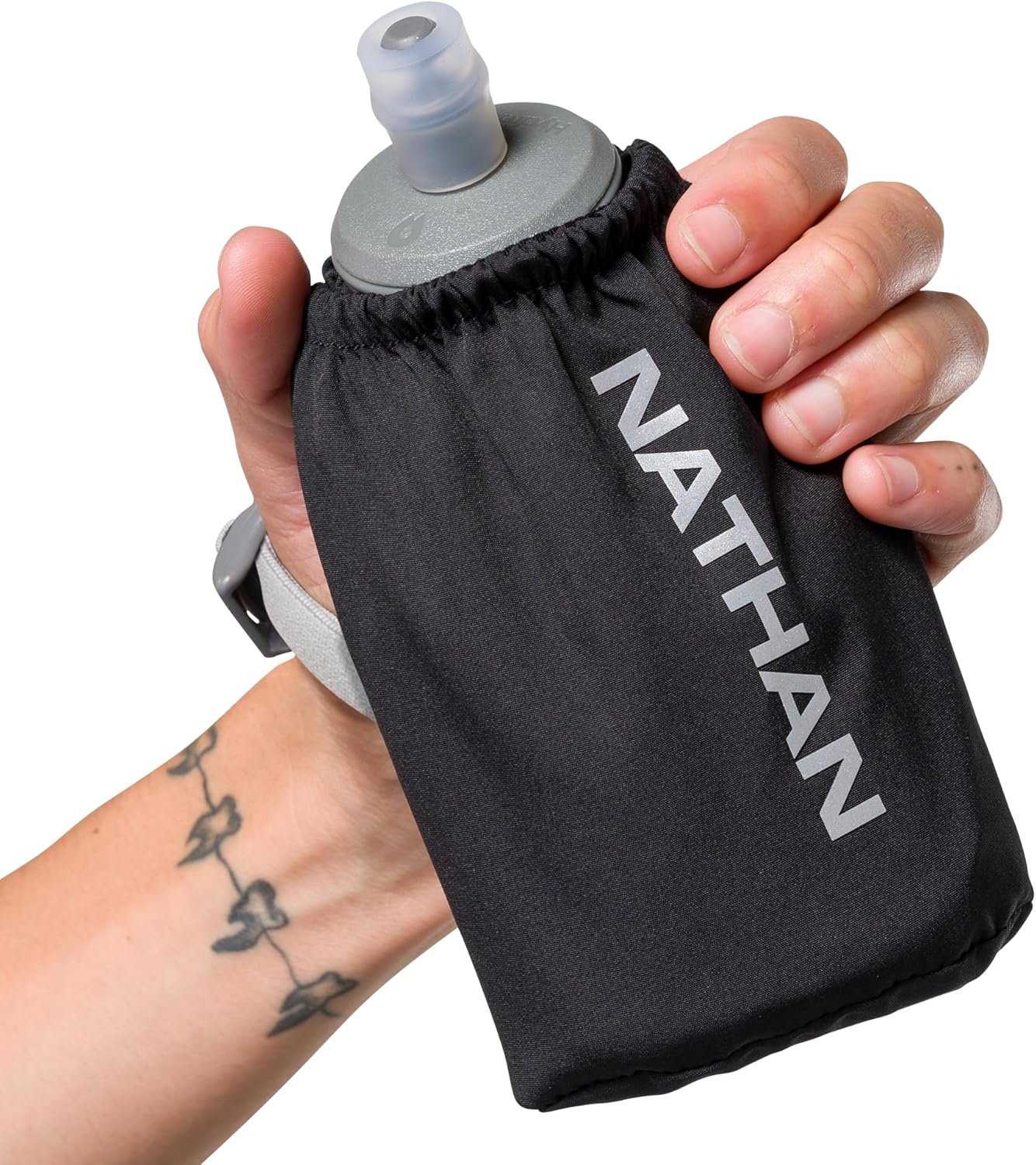 Nathan Handheld Soft Flask 18oz - Exo-Draw Insulated Collapsible Bottle - Grip-Free Strap & Rigid ExoSpine for Comfort/Support - Breathable Mesh Strap - Ideal Running/Hiking, Pinnacle, Black
