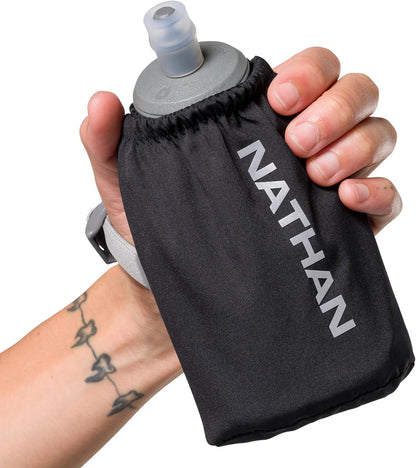 Nathan Handheld Soft Flask 18oz - Exo-Draw Insulated Collapsible Bottle - Grip-Free Strap & Rigid ExoSpine for Comfort/Support - Breathable Mesh Strap - Ideal Running/Hiking, Pinnacle, Black