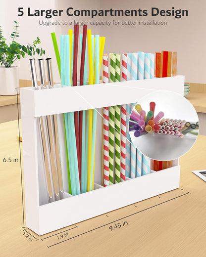 Upgraded 9.5'' Large Acrylic Straw Holder for Cabinet Door, Adjustable Space-Saving Straw Organizer Storage Dispenser for Cabinet with Ultra Sticky Adhesive Strips, 2-Part Rack, Drainage Holes