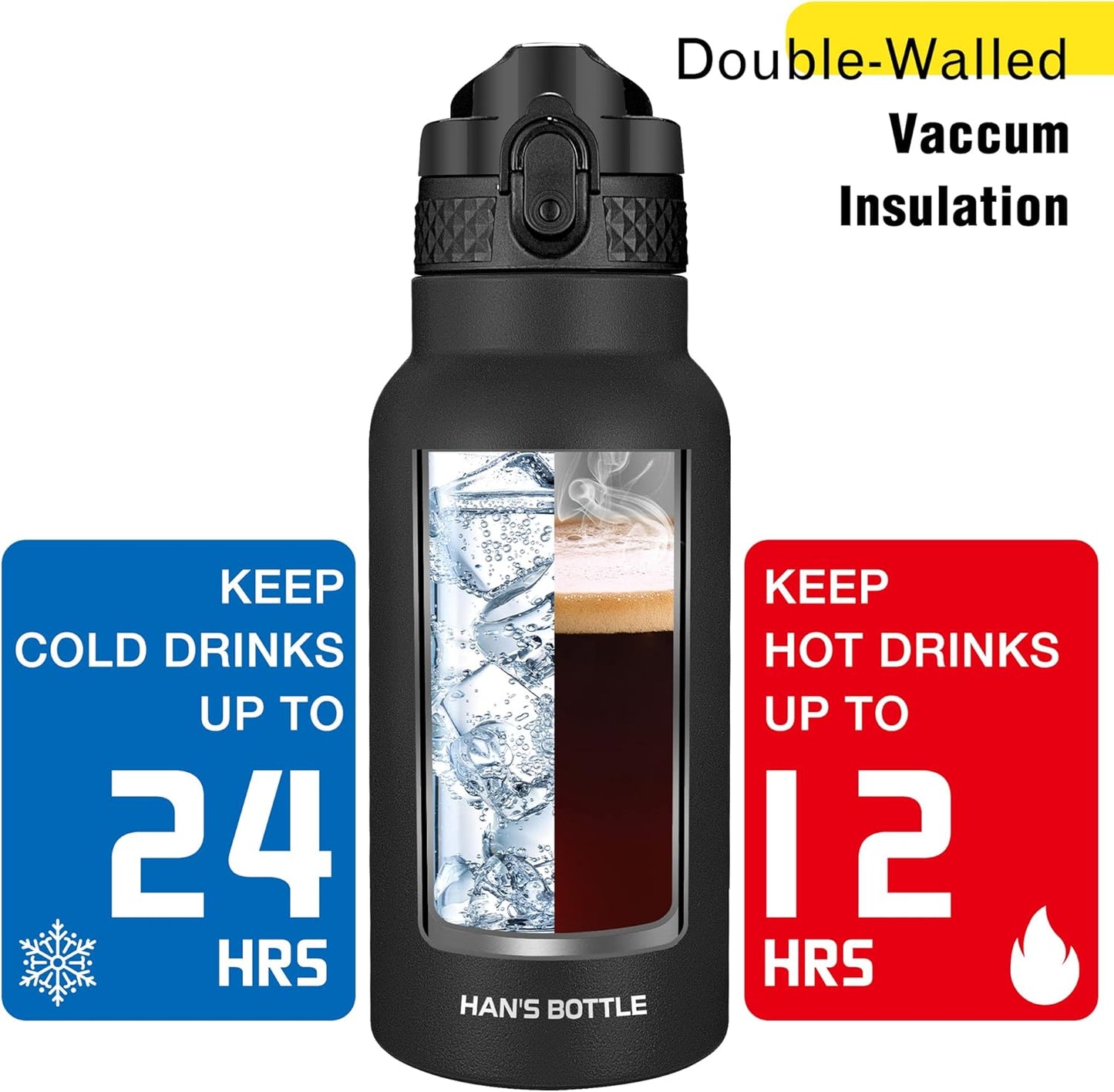 Han's Bottle Sports Water Bottle - 24 Oz, Straw Lid, Leak Proof, Vacuum Insulated Stainless Steel, Double Walled, Thermo Mug,Black