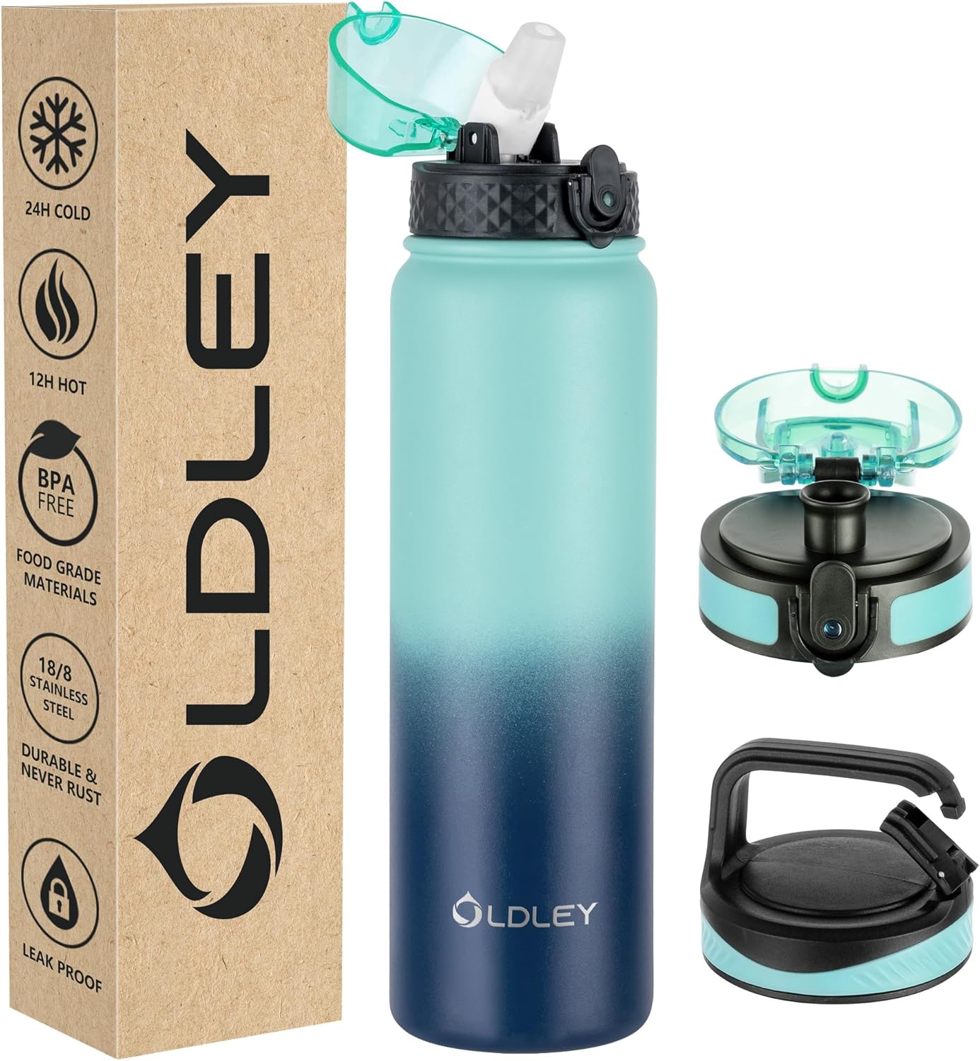 Oldley Insulated Water Bottle 20oz for Adults Kids Stainless Steel Water Bottles with Straw/Chug/Carabiner 3 Lids Fruit Strainer Double Wall Vacuum Wide Mouth BPA Free Leak-Proof for School Travel
