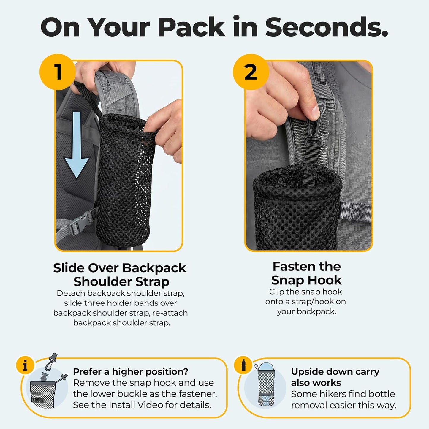 Water Bottle & Snack Holder for Backpack Shoulder Strap - Fits 1L Smartwater, Front Accessory Pouch, Ultralight 0.9 oz, Snap Hook Mount, Nylon Mesh Backpack Attachment