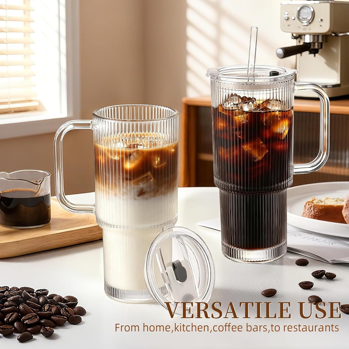 Iced Coffee Cups with Lids: Coffee Bar Accessories - Ribbed Glass Tumbler with Straw and Lid 4Pcs - 20oz Leak Proof Tumbler - Reusable Glass Cups and Tumblers with Lid and Straws for To Go Iced Coffee
