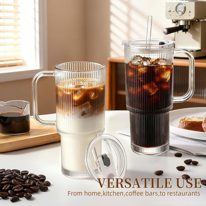Iced Coffee Cups with Lids: Coffee Bar Accessories - Ribbed Glass Tumbler with Straw and Lid 4Pcs - 20oz Leak Proof Tumbler - Reusable Glass Cups and Tumblers with Lid and Straws for To Go Iced Coffee
