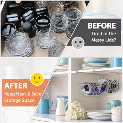 Tumbler Lid Organizer, Horizontal Tumbler Lid Storage Hook Up to 10 Lids, Space Saving Cup Lid Holders Under Cabinet Tumbler Lid Hook for Kitchen Organizer and Storage,Hanging Paper Towel Rack Hanger