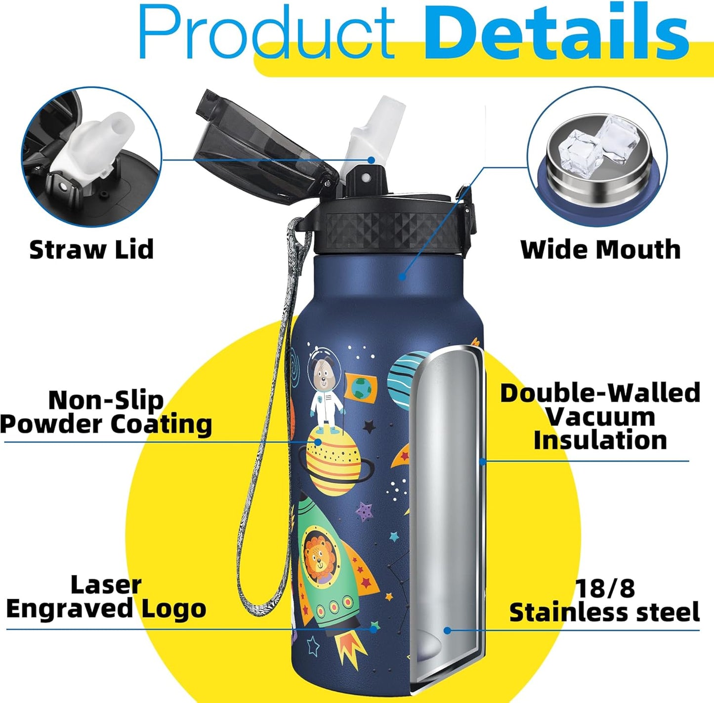 Han's Bottle Sports Water Bottle - 24 Oz, Straw Lid, Leak Proof, Vacuum Insulated Stainless Steel, Double Walled, Thermo Mug,Black