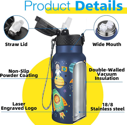 Han's Bottle Sports Water Bottle - 24 Oz, Straw Lid, Leak Proof, Vacuum Insulated Stainless Steel, Double Walled, Thermo Mug,Black