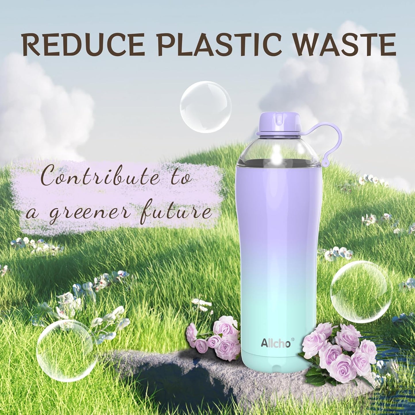 Allcho Insulated Water Bottle for Women, 18oz Stainless Steel Leak Proof Tumbler with 2 Lids, BPA-Free Tritan Chug & Straw Lid, Double Wall Vacuum Flask