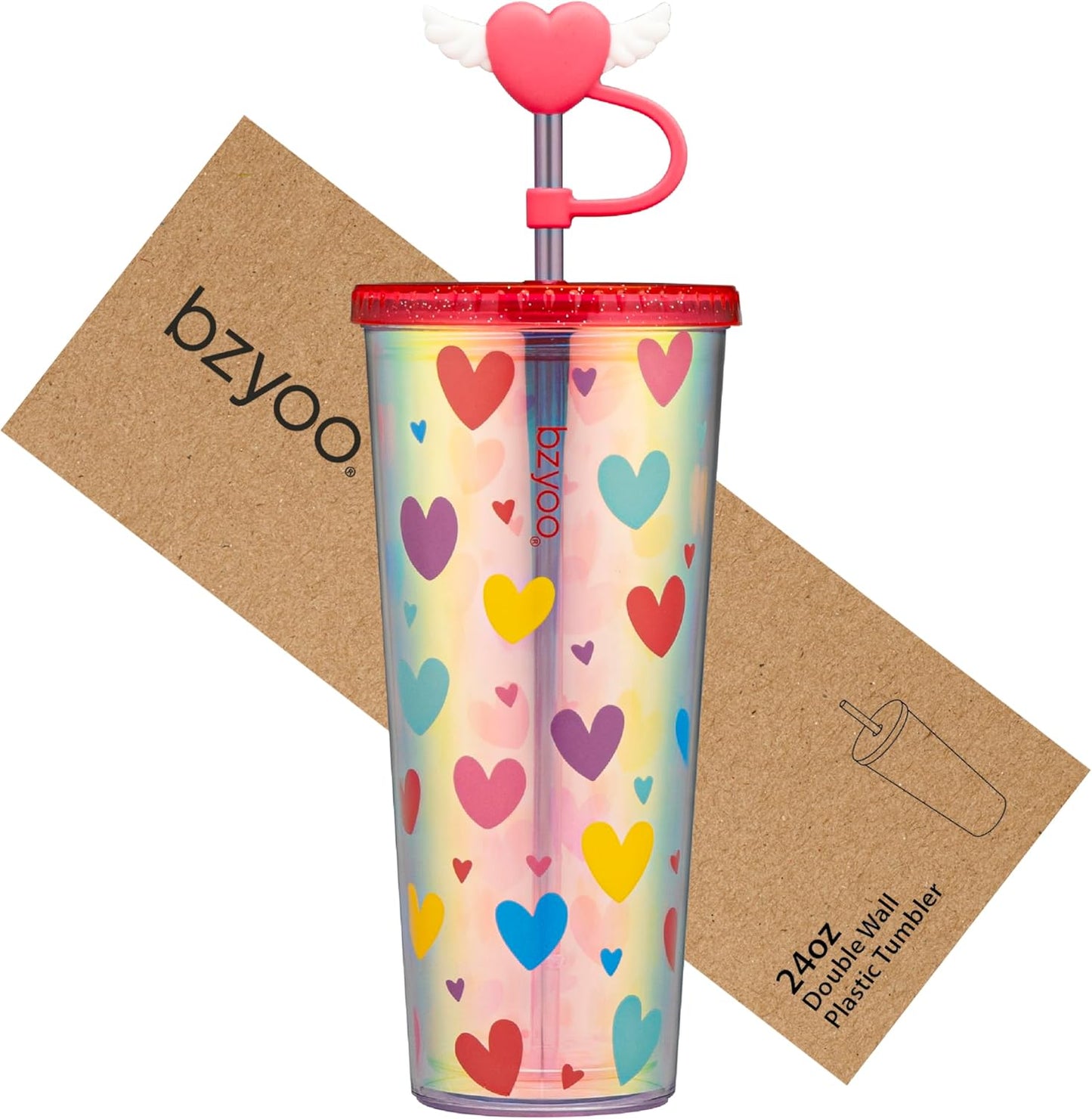 bzyoo SIP 24oz (710ml) Double Wall Plastic Tumbler with Lid and Straw Cold Drink Travel Mug Reusable Party Cup Perfect for Office Ice Coffee or Tea and Gift Color: Pink & Purple